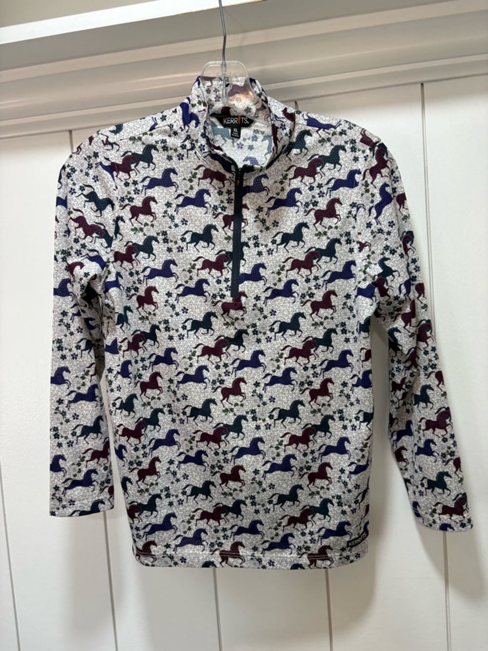 Kerrits Kids Aire Ice Fil Long Sleeve Zip Front Shirt - Horse Print Size XL